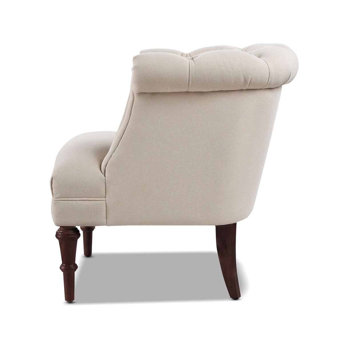 Tufted Accent Chair with Barrel Back in beige upholstery and dark wood legs on Tampa Home & Garden Store