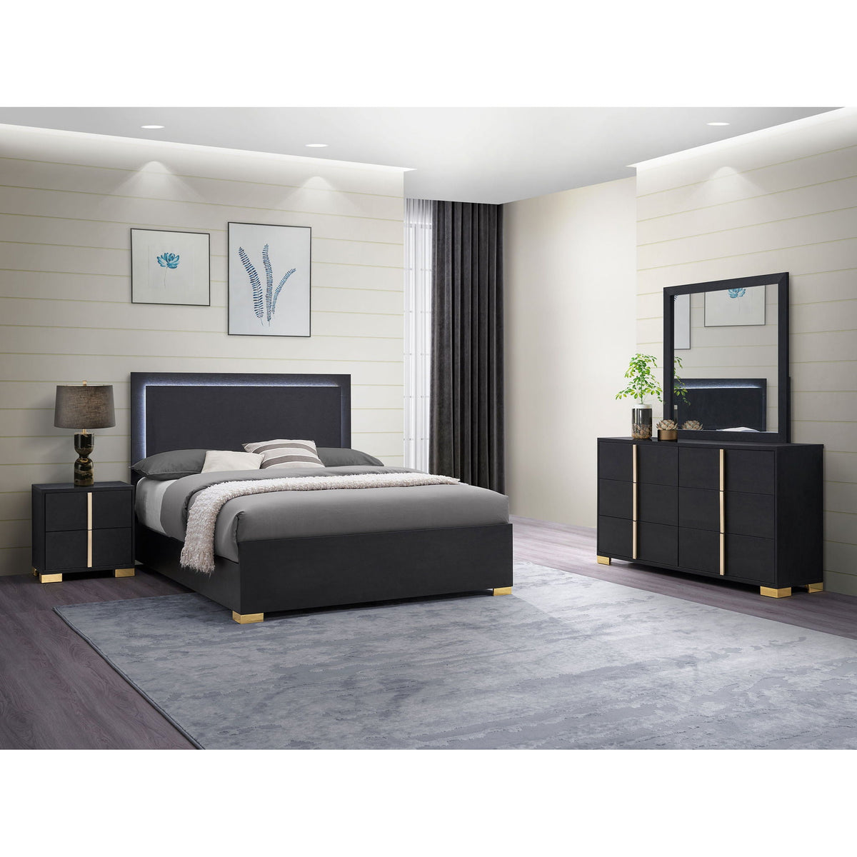 Jeremiah Modern Bedroom Set and Led Headboard