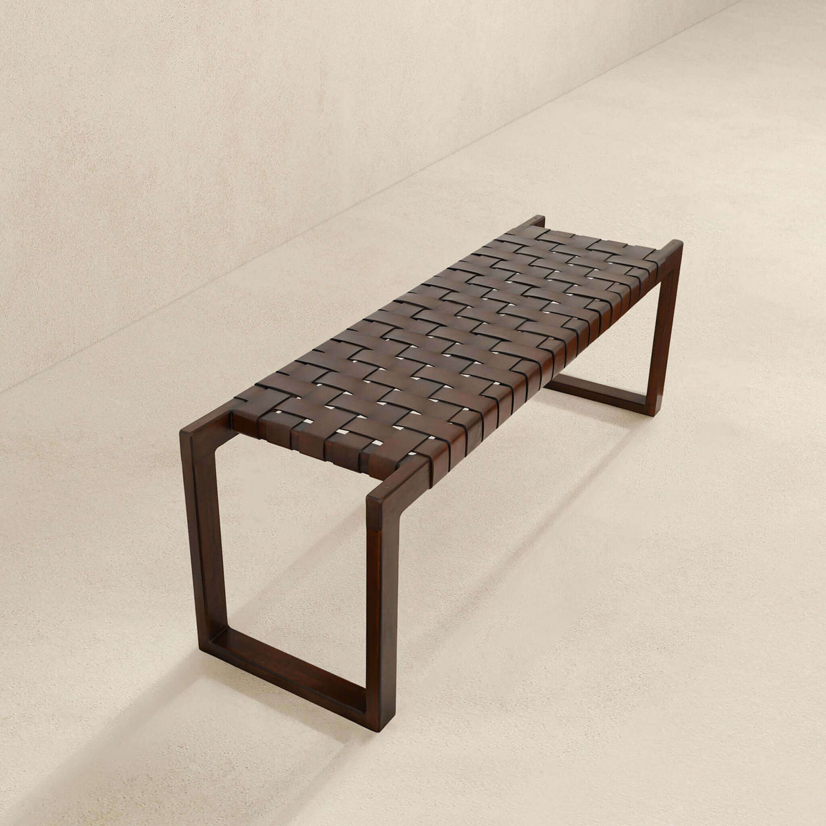 Cognac brown upholstered bench with leather woven seat, mid-century modern HouseOfZazla on Tampa Home & Garden Store
