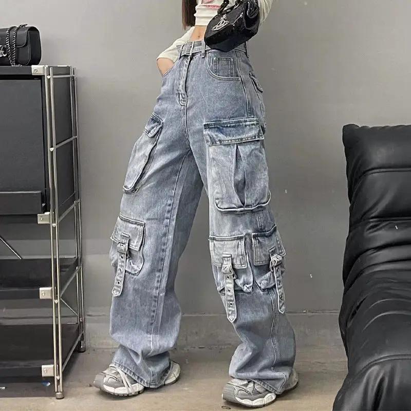 Autumn American Vintage Multi-pocket Workwear Jeans by FLIPSTYLEZLLC, light blue denim cargo pants on Tampa Home & Garden Store