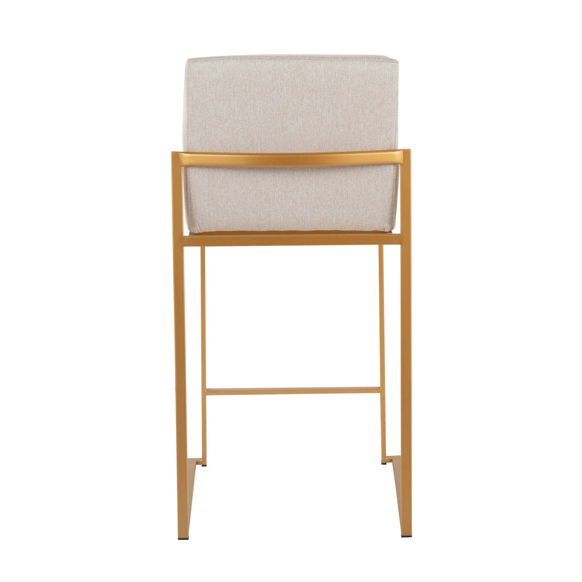 Contemporary high back counter stool with upholstered beige seat and gold metal frame on Tampa Home & Garden Store