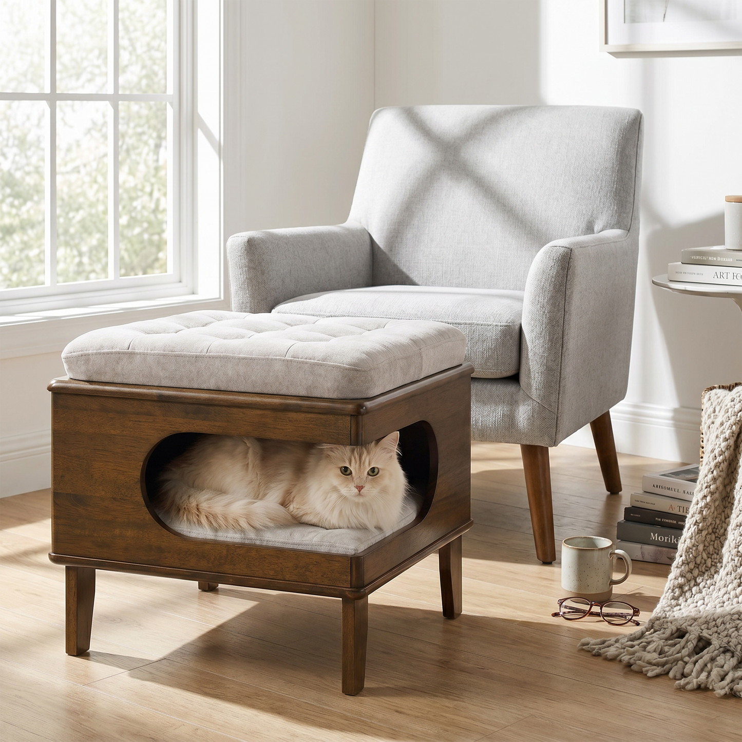 Letitia Rubber Wood Cat Bed Ottoman by HouseOfZazla with dark wood base, cat inside on Tampa Home & Garden Store