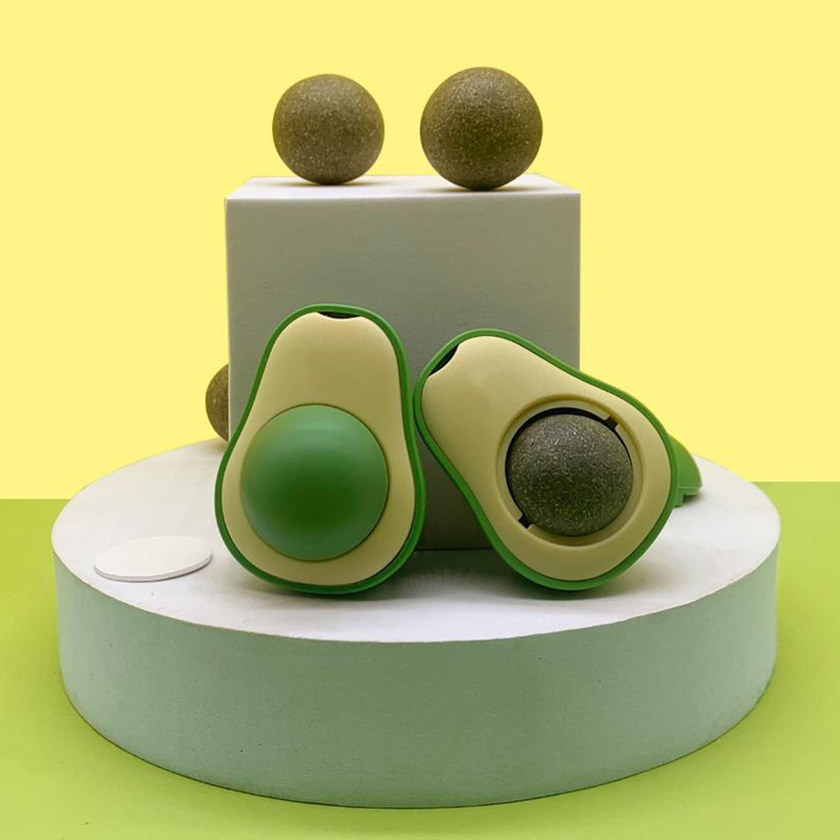 Avocado catnip toy set: 2 green-beige avocado toys and 2 round catnip balls by Sell My Stuff on Tampa Home & Garden Store
