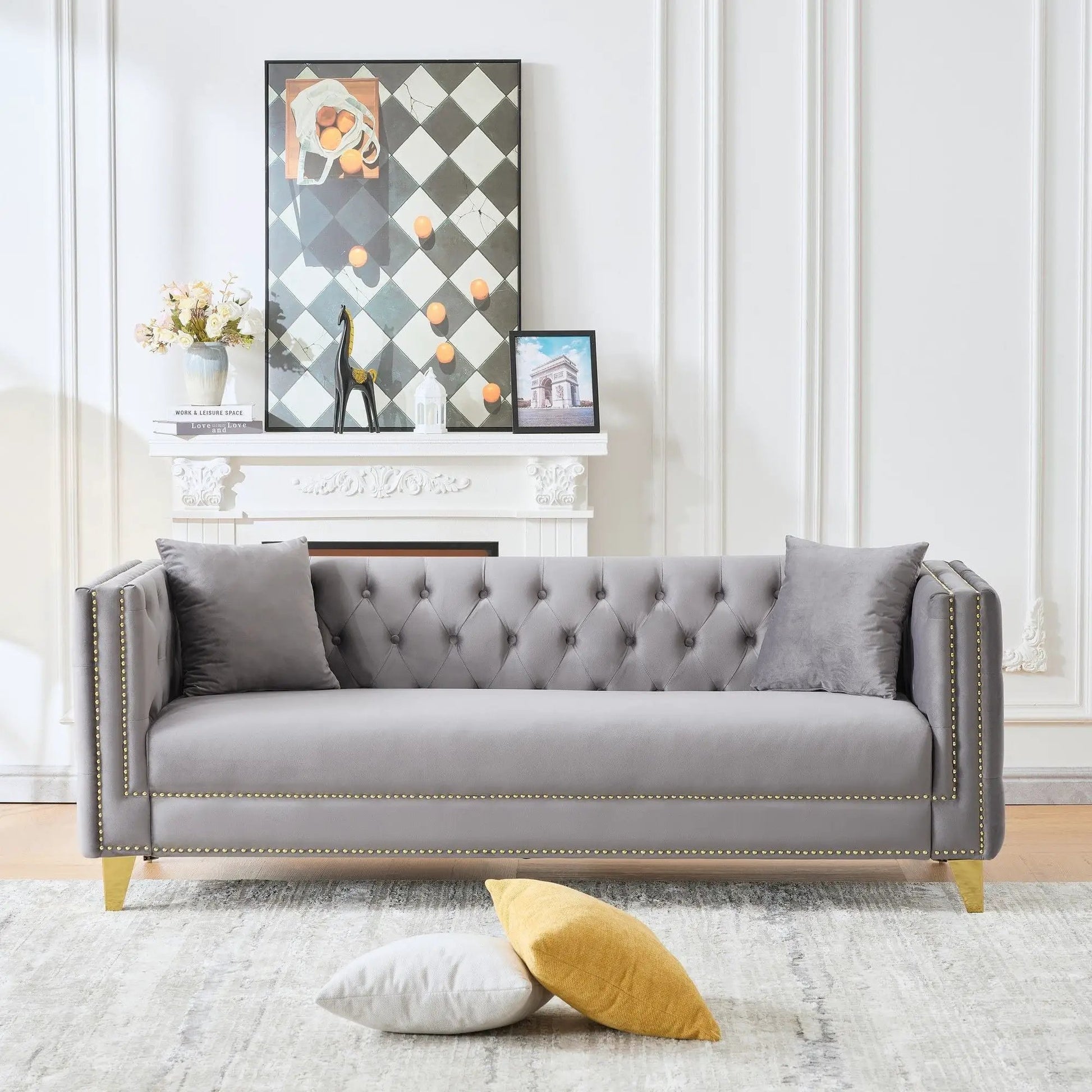 3 Seater Deep Seat Sofa with Button Nailhead, square arms, gray velvet upholstery by Unique Piece Furniture on Tampa Home & Garden Store
