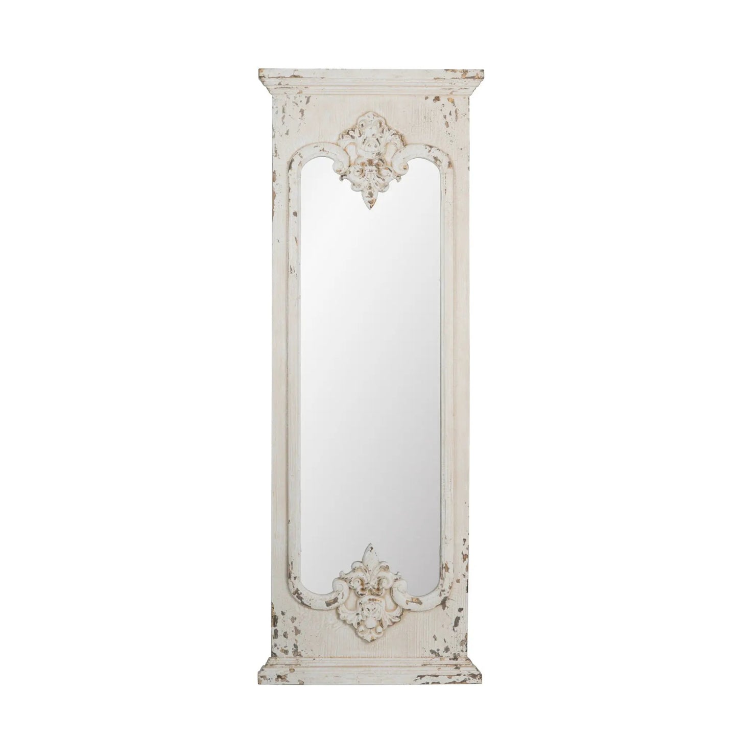 Full length floor mirror with solid white distressed wood frame and ornate crest details on Tampa Home & Garden Store