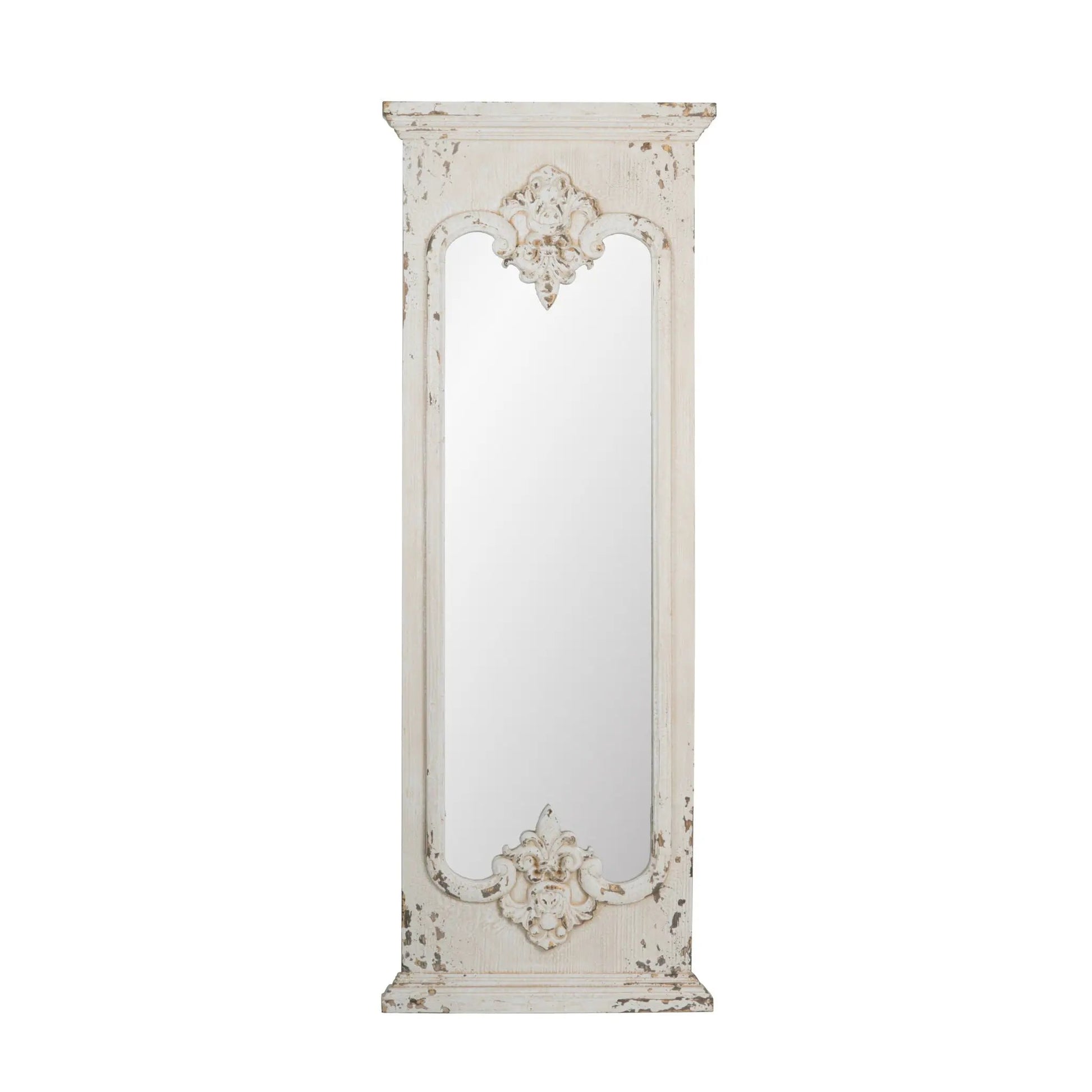 Full length floor mirror with solid white distressed wood frame and ornate crest details on Tampa Home & Garden Store