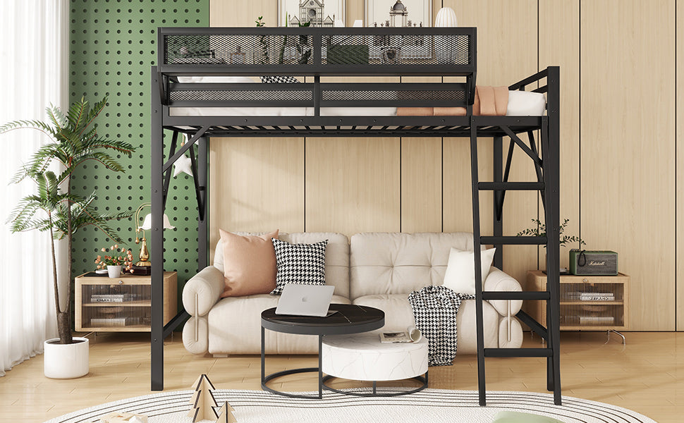 Full size loft bed with black metal frame, ladder and storage shelves over a living area on Tampa Home & Garden Store