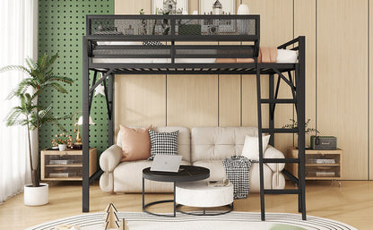 Full size loft bed with black metal frame, ladder and storage shelves over a living area on Tampa Home & Garden Store