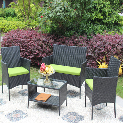 4pc HouseOfZazla rattan outdoor furniture set with black wicker and lime green cushions on patio on Tampa Home & Garden Store