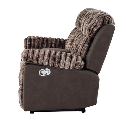 Bruni Console Reclining Loveseat with Manual Recline, brown fur upholstery, leather base on Tampa Home & Garden Store
