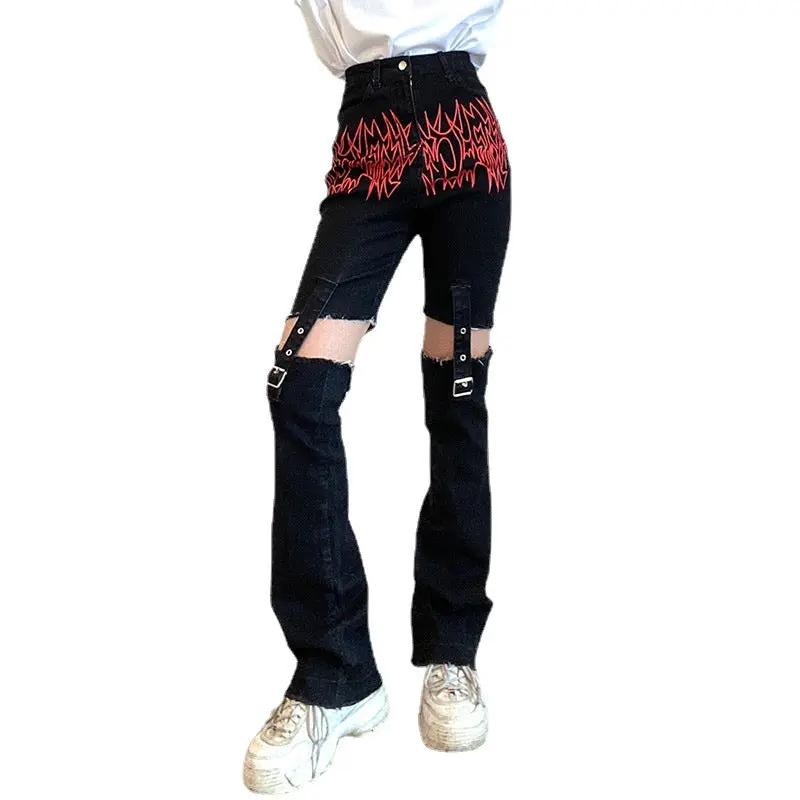 Trendy high-rise jeans with stitchable metal buckle by FLIPSTYLEZLLC, black knee cutouts on Tampa Home & Garden Store