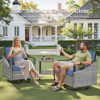 Outdoor Swivel Rocking Glider Chairs Set of 2 in grey wicker with blue cushions for patio seating on Tampa Home & Garden Store