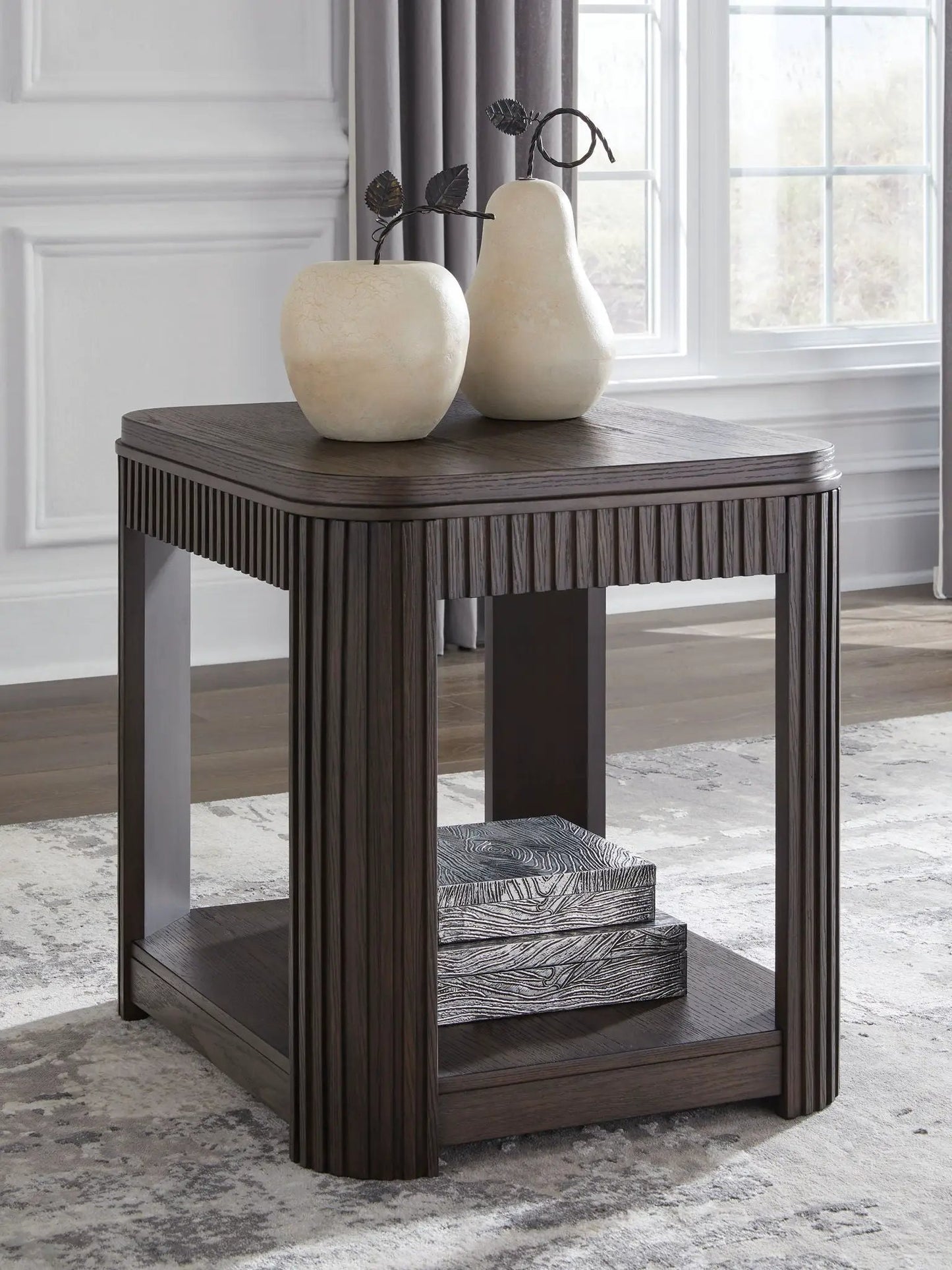Carlibrie rectangular end table in dark wood with grooved sides, two cream ceramic vases on Tampa Home & Garden Store