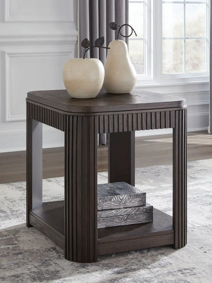Carlibrie rectangular end table in dark wood with grooved sides, two cream ceramic vases on Tampa Home & Garden Store