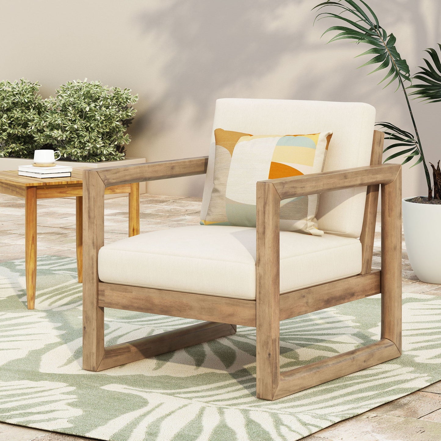 Outdoor Acacia Wood Patio Club Chair beige cushion wooden arm chair HouseOfZazla outdoor chair on Tampa Home & Garden Store