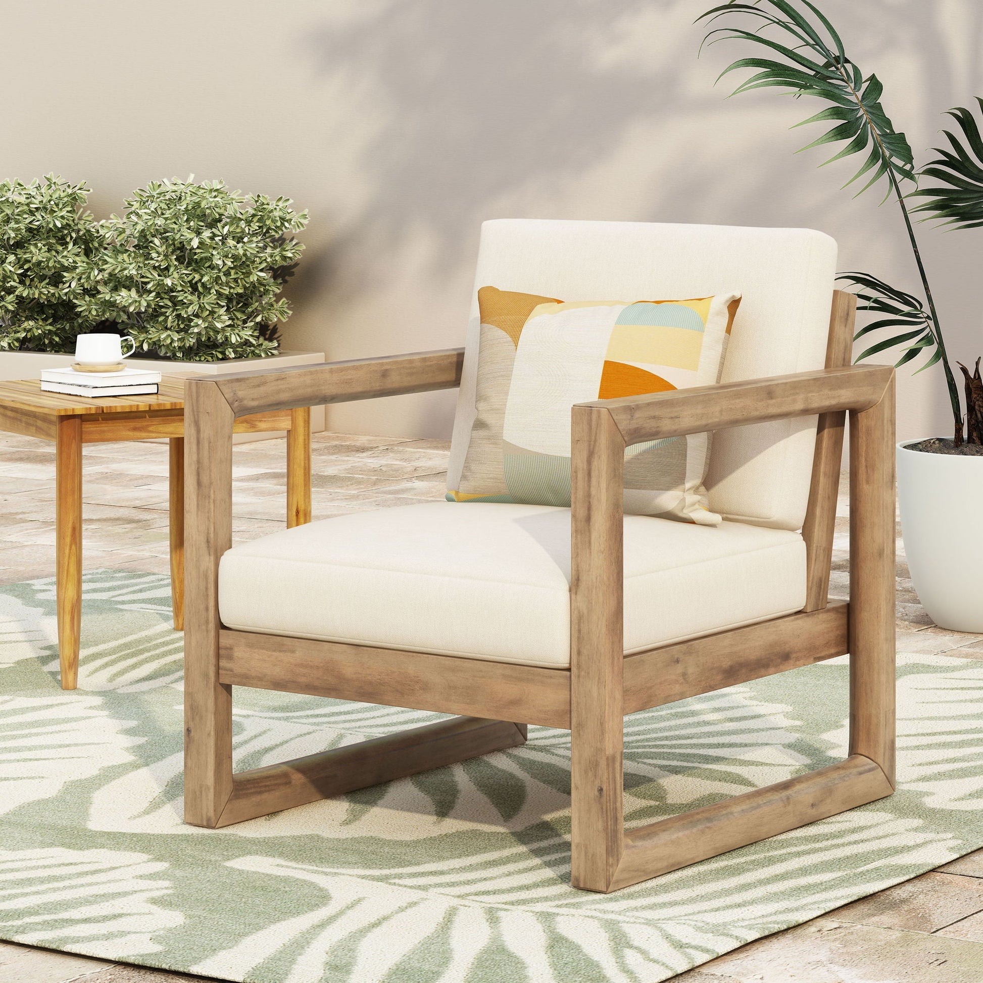 Outdoor Acacia Wood Patio Club Chair beige cushion wooden arm chair HouseOfZazla outdoor chair on Tampa Home & Garden Store