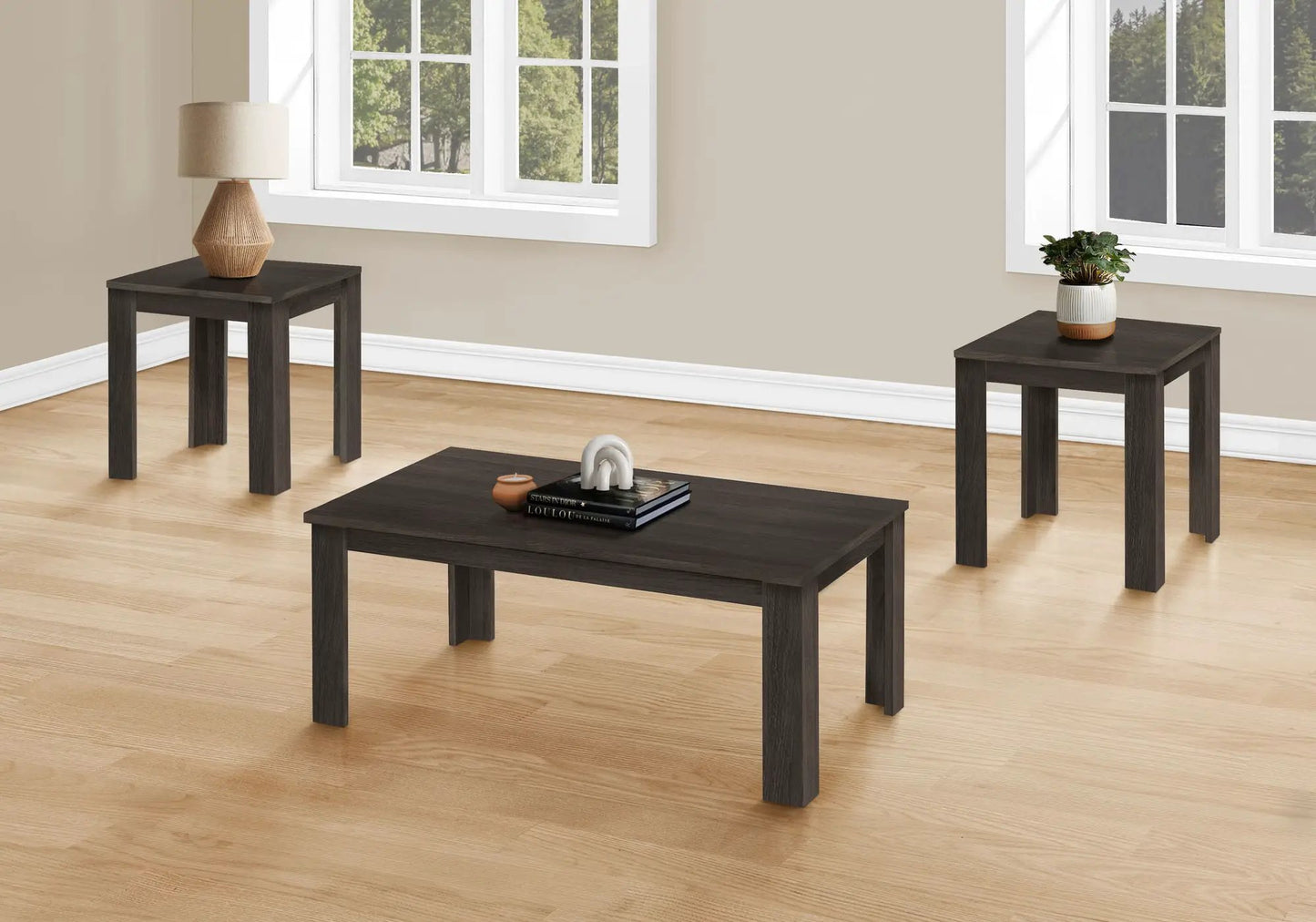 Table set, 3-piece coffee, end, and side tables in dark oak finish for living room on Tampa Home & Garden Store