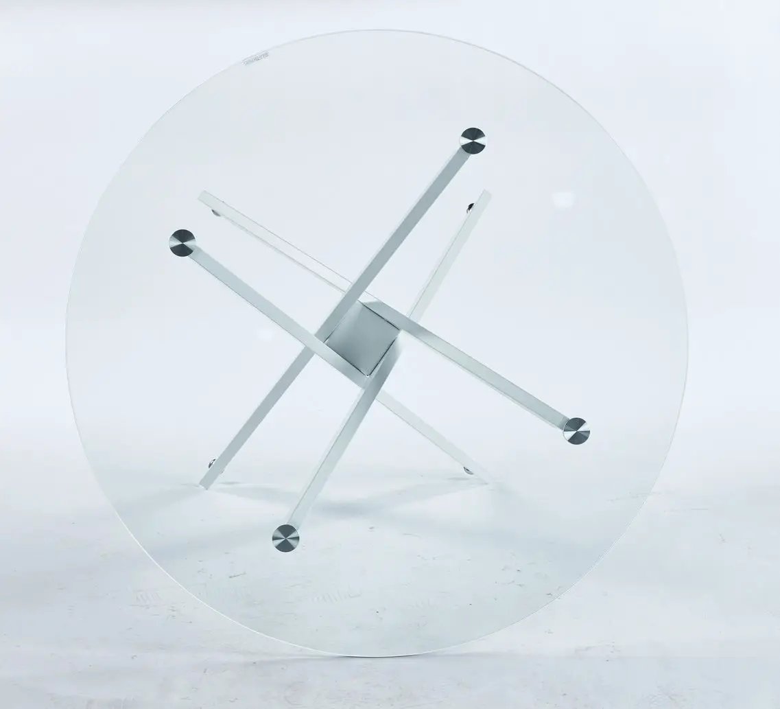 Dining table round tempered glass top with cross chrome metal legs Unique Piece Furniture on Tampa Home & Garden Store