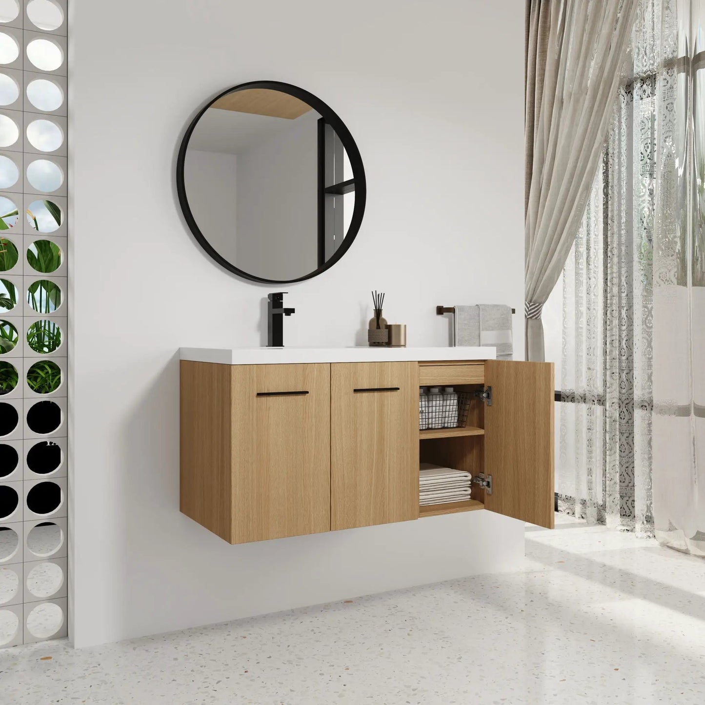Wall Mounted Floating Vanity with Sink, 3 Doors