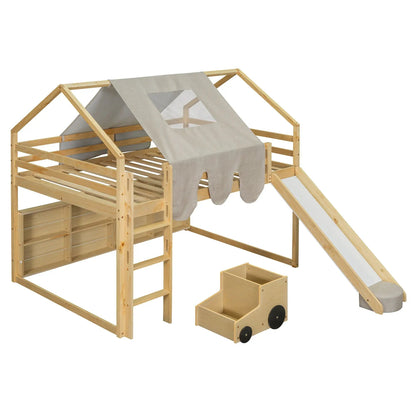 Loft bed with house-shaped frame and fabric tent, wooden construction with slide on Tampa Home & Garden Store