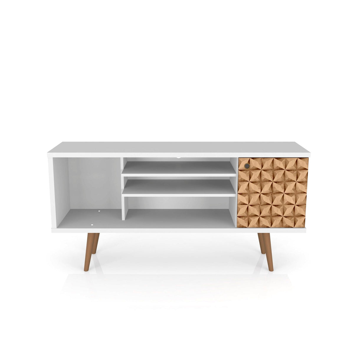 Smart Storage TV Stand by HouseOfZazla, white with solid wood legs and brown panel on Tampa Home & Garden Store