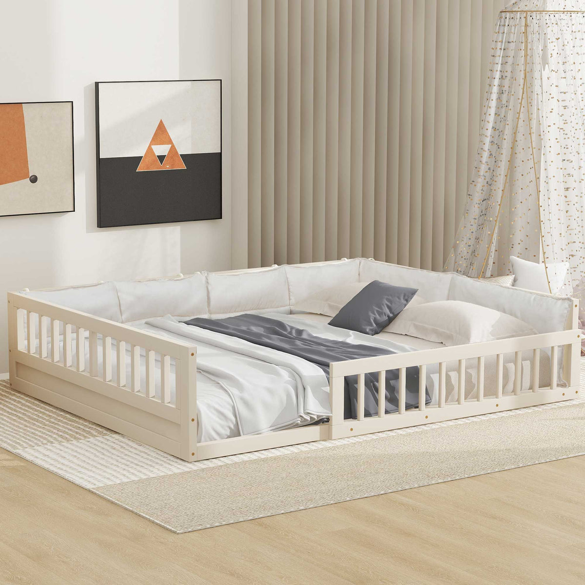 Upholstered platform bed with guardrail and pillow, twin white bedding with gray accents on Tampa Home & Garden Store