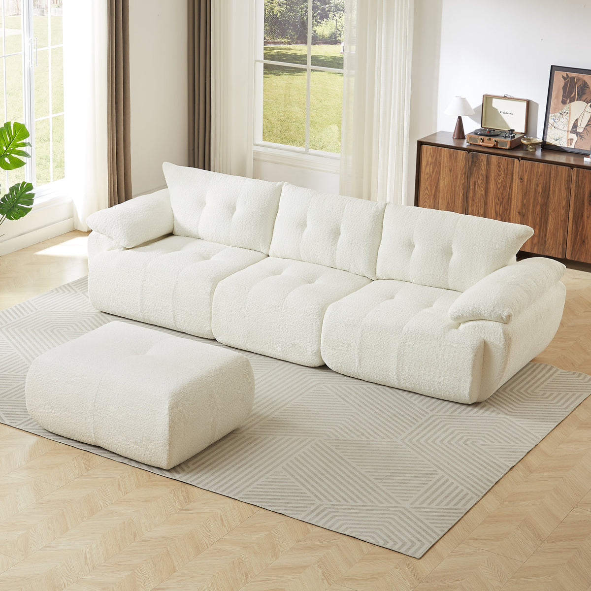 115-inch Large Modern 3-Seater Sofa in off-white textured fabric with tufted cushions on Tampa Home & Garden Store