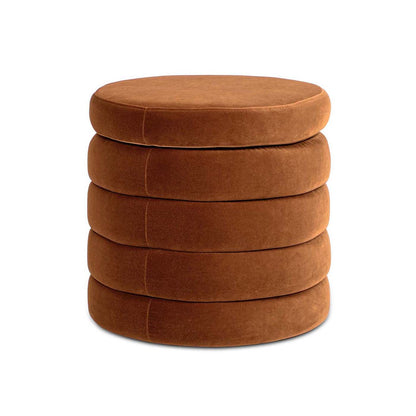 Fuji oversized round storage ottoman in rust velvet, stacked cushion design by HouseOfZazla on Tampa Home & Garden Store