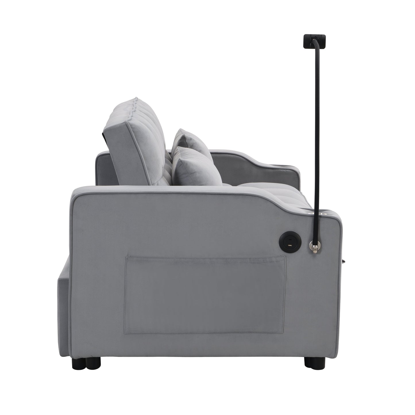 Modern velvet sleeper loveseat back view in gray with pullout bed and built-in controls on Tampa Home & Garden Store