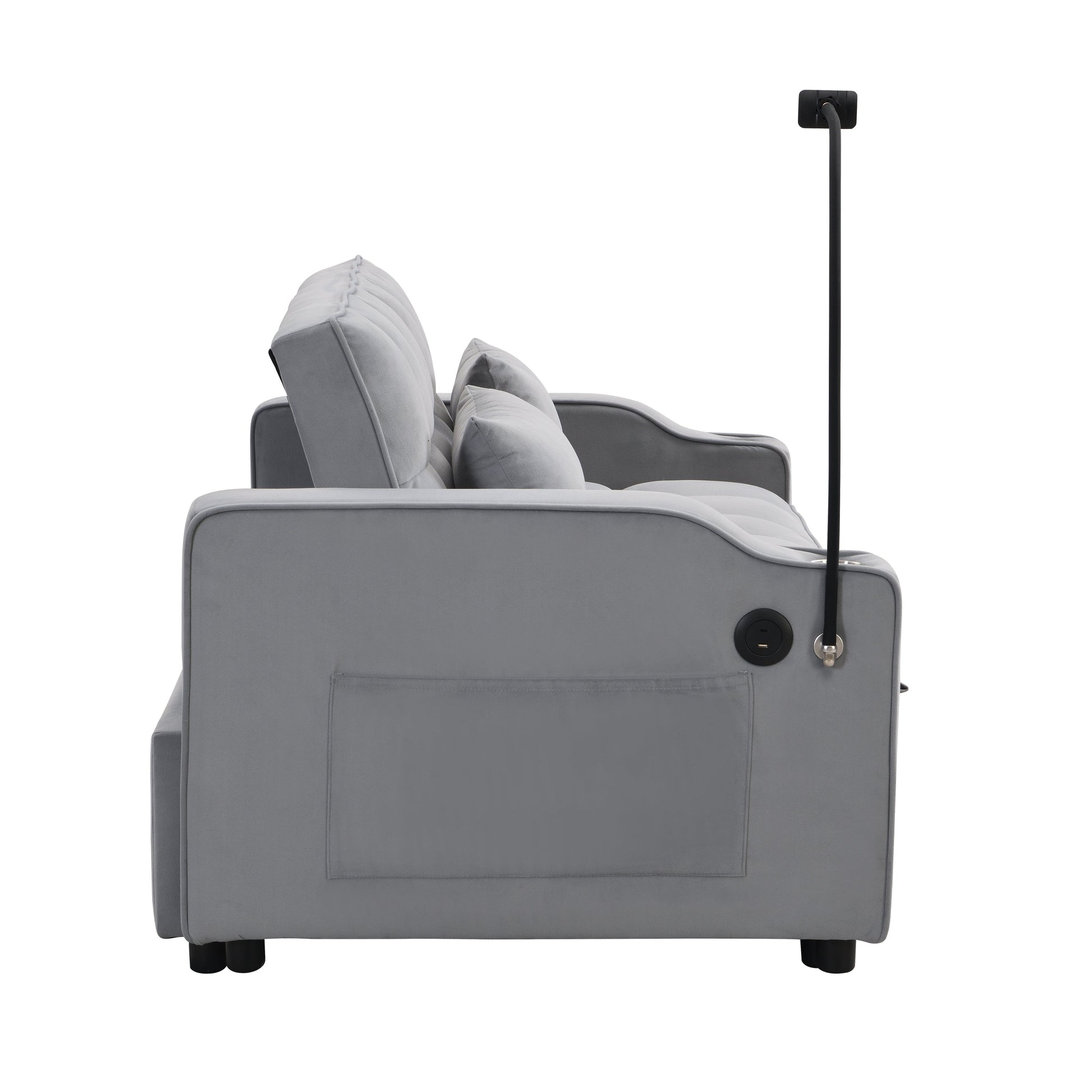 Modern velvet sleeper loveseat back view in gray with pullout bed and built-in controls on Tampa Home & Garden Store