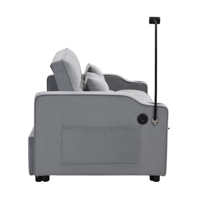 Modern velvet sleeper loveseat back view in gray with pullout bed and built-in controls on Tampa Home & Garden Store