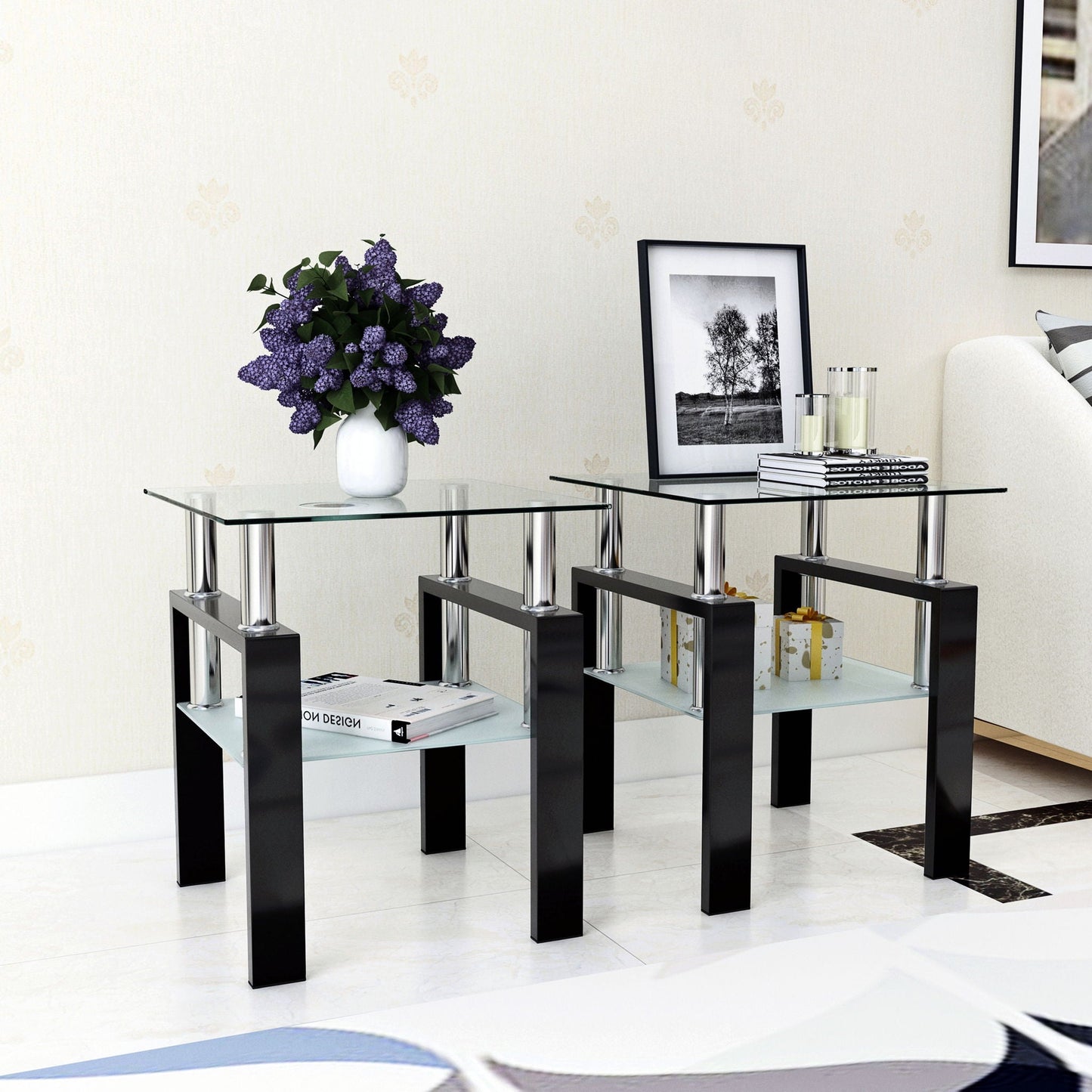 Modern tempered glass end table set with square tops chrome legs by Unique Piece Furniture on Tampa Home & Garden Store