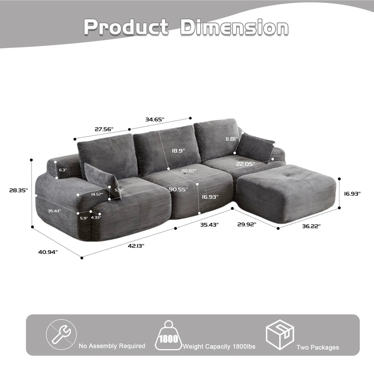 Compressed sofa 2-piece large sectional living room set in gray fabric by Unique Piece Furniture on Tampa Home & Garden Store