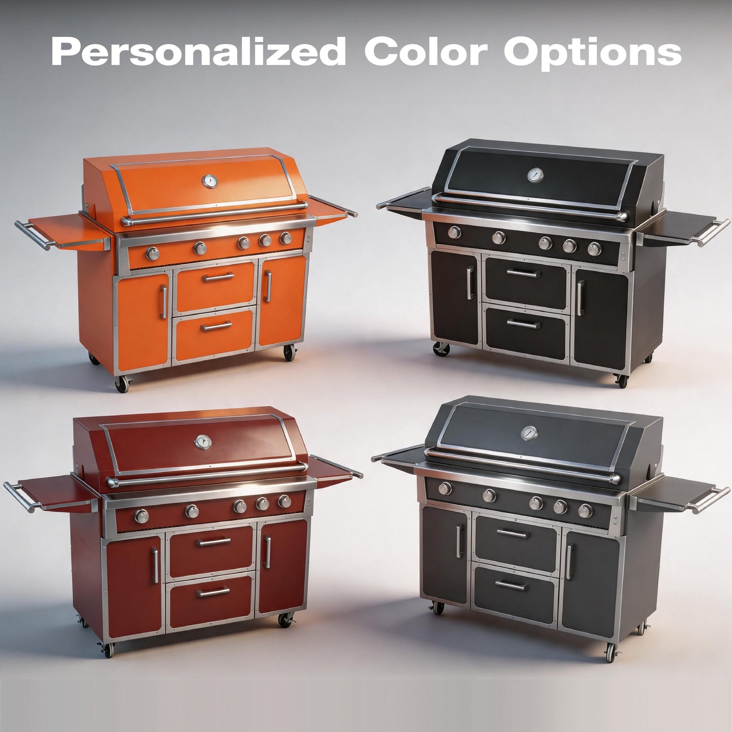 Navratil Premium 49in stainless grill pair in orange and black with chrome trim and wheels on Tampa Home & Garden Store