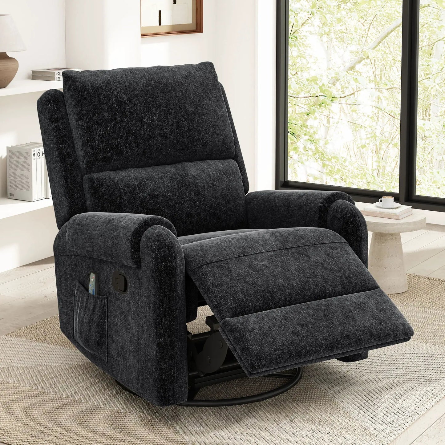 Manual Recliner Massage Chair with Swivel Rocker in dark charcoal fabric, side pocket on Tampa Home & Garden Store