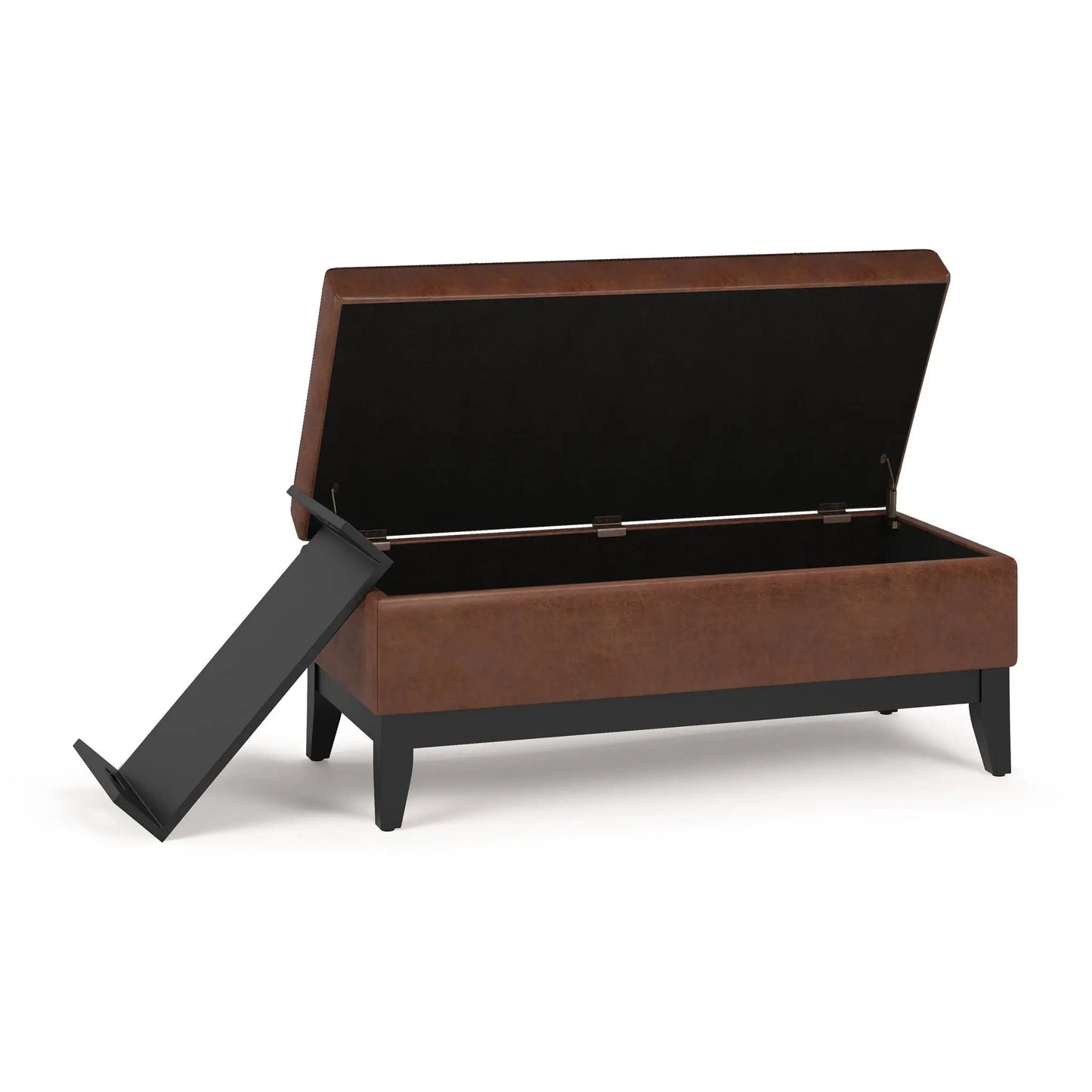 Oregon Contemporary Storage Ottoman Bench With Tray, brown wood, black interior on Tampa Home & Garden Store