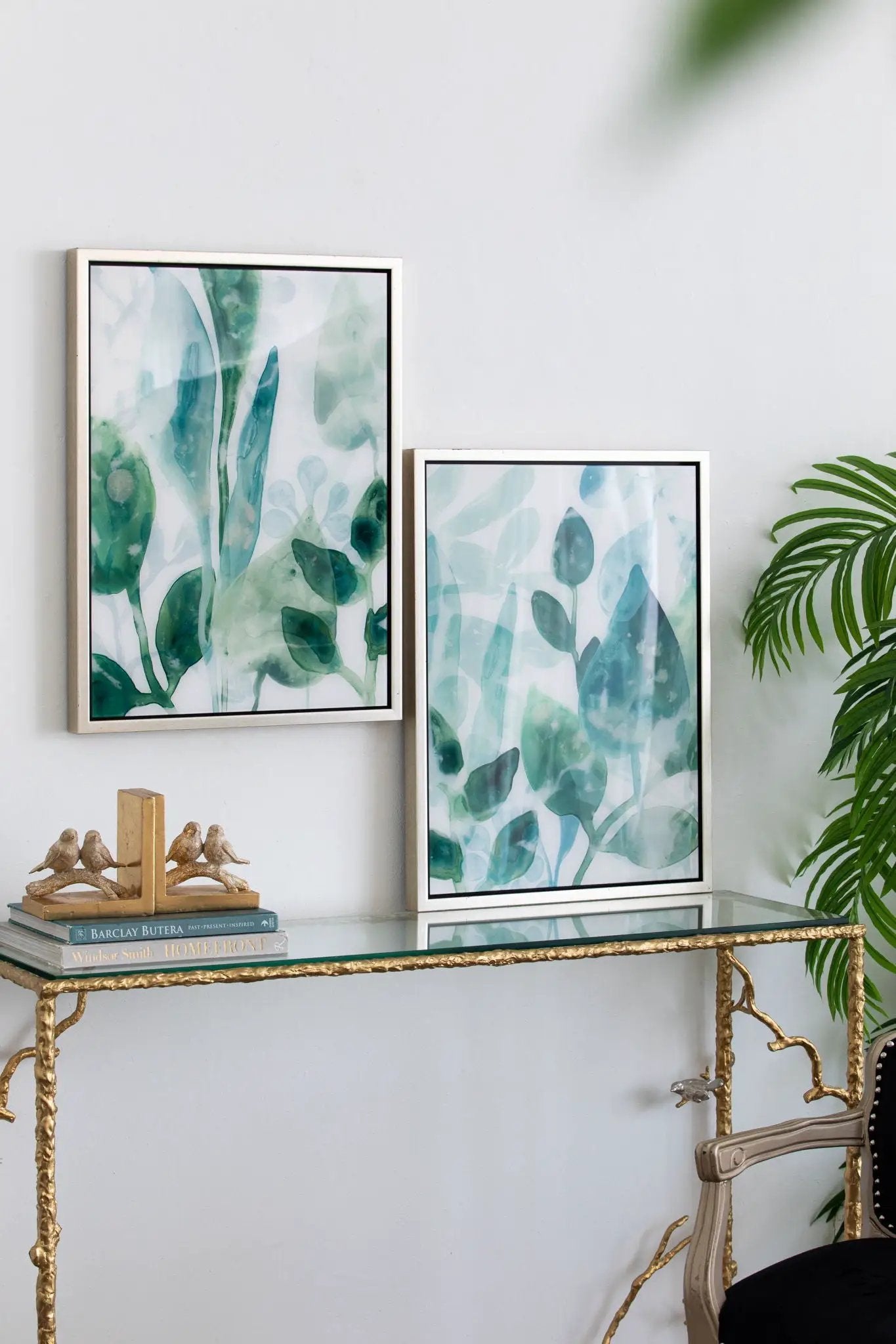 Framed Printed Acrylic Wall Art Set of 2 with green watercolor leaves in white frames on Tampa Home & Garden Store