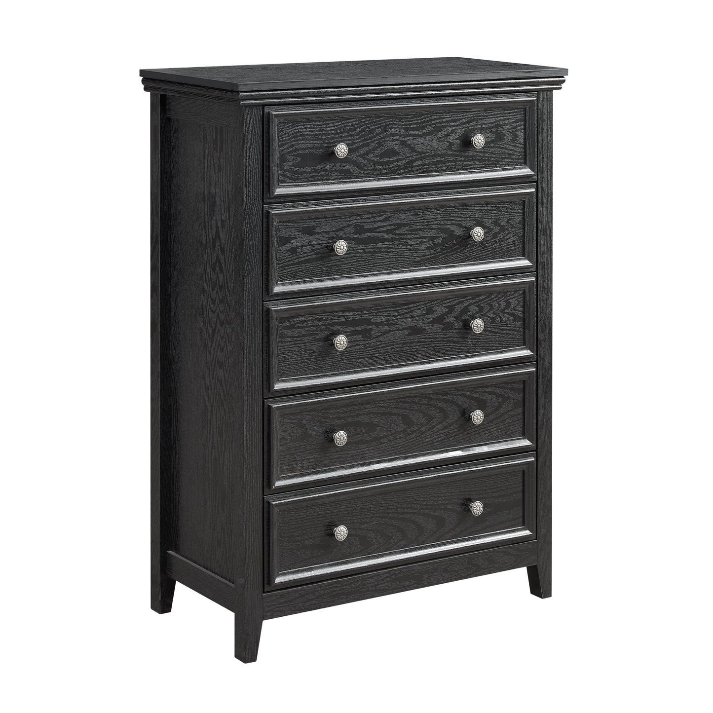 Modern 5-drawer black dresser with silver rosette knobs, HouseOfZazla wood-grain finish on Tampa Home & Garden Store