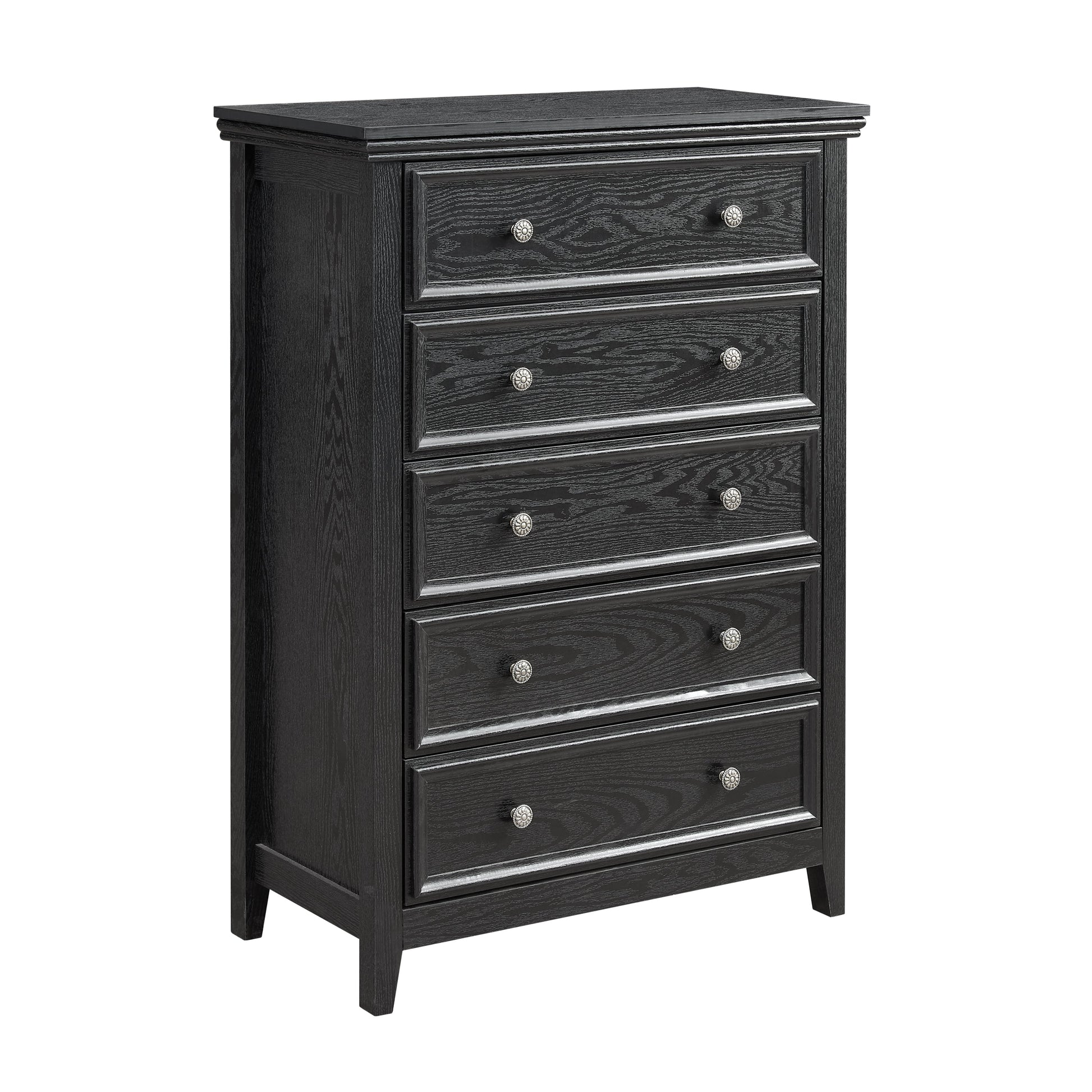 Modern 5-drawer black dresser with silver rosette knobs, HouseOfZazla wood-grain finish on Tampa Home & Garden Store