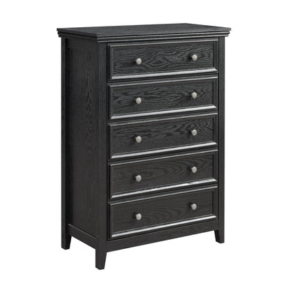 Modern 5-drawer black dresser with silver rosette knobs, HouseOfZazla wood-grain finish on Tampa Home & Garden Store