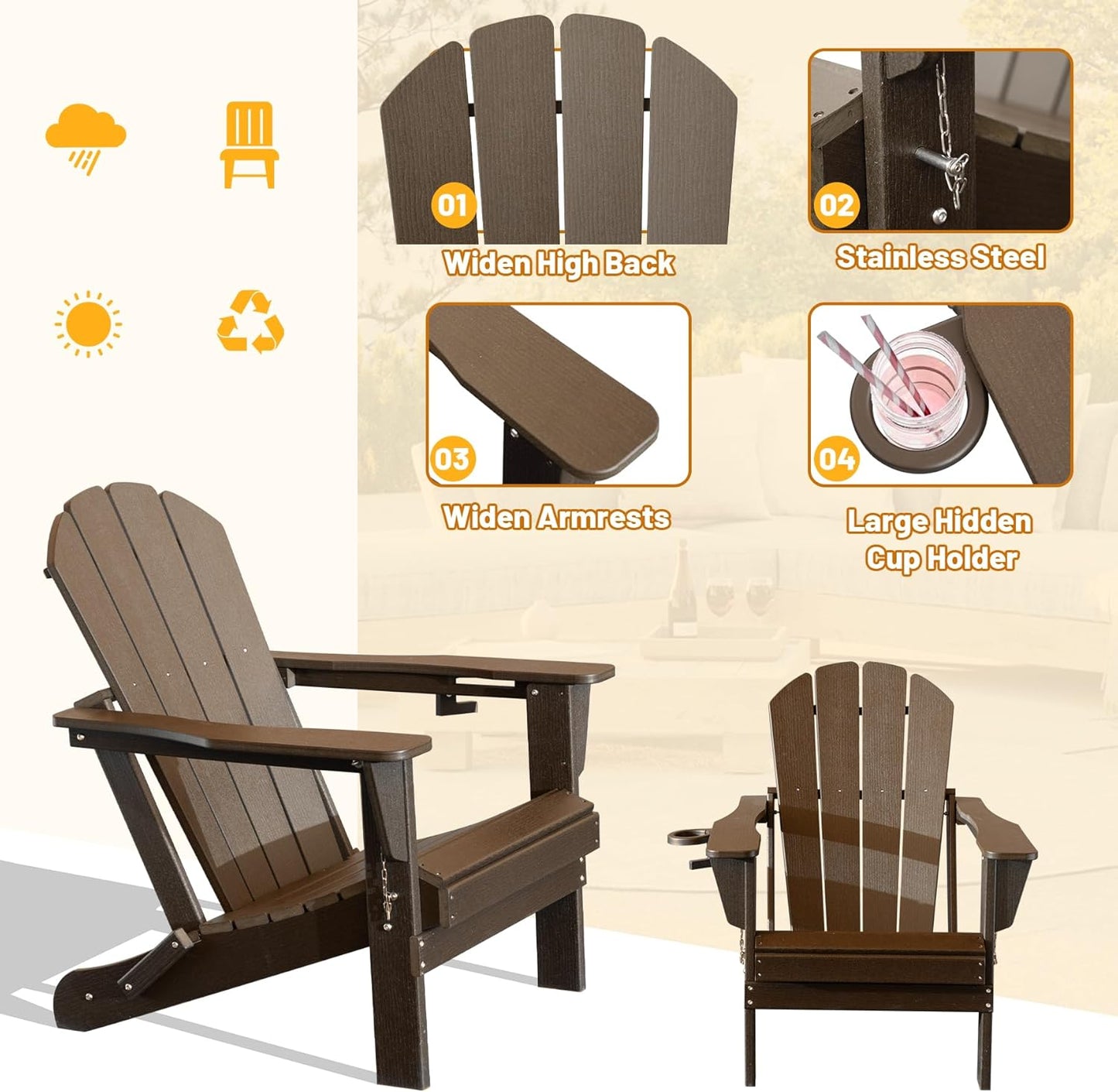 Two Brown HDPE Adirondack Chairs With Cup Holder