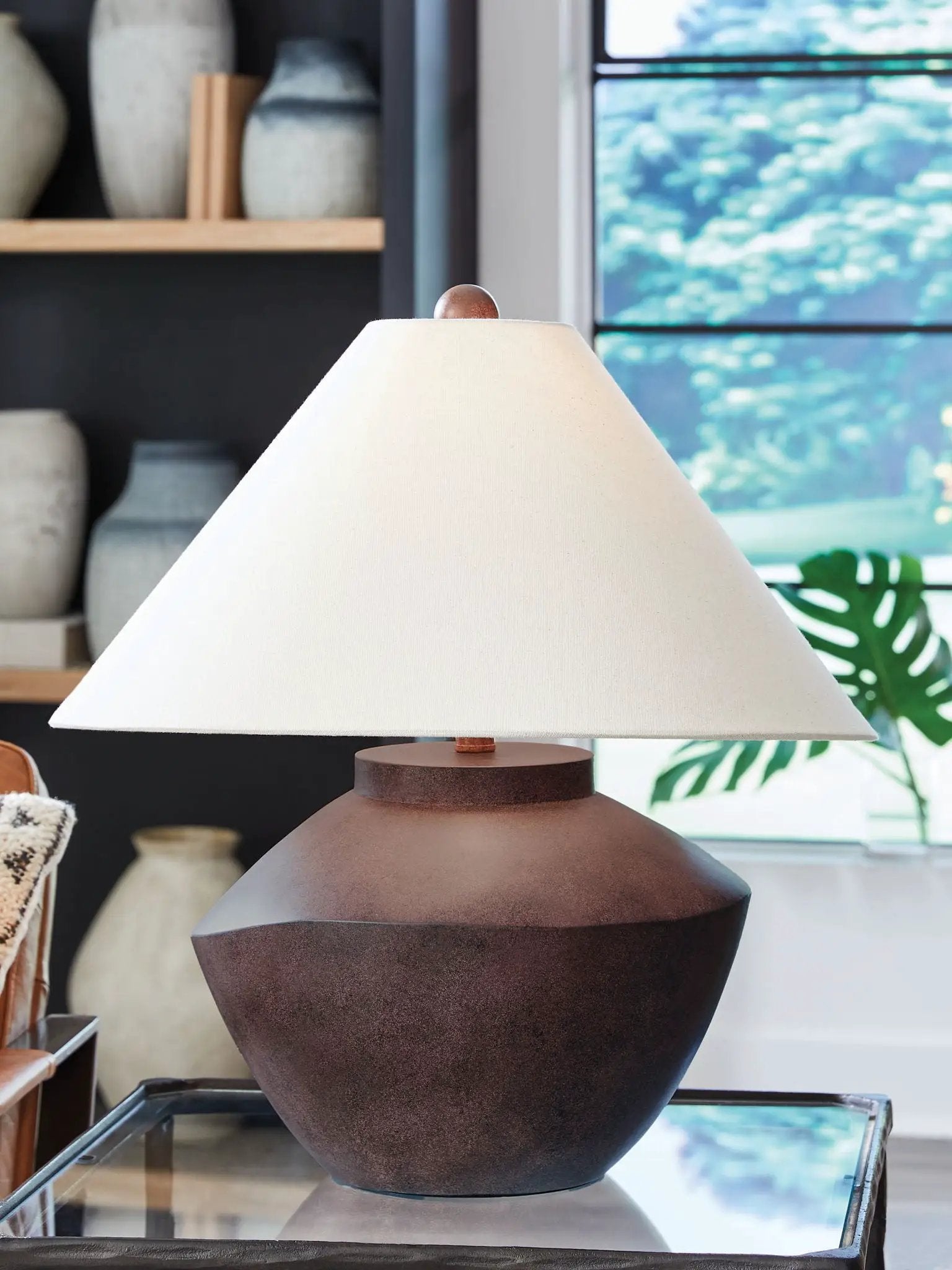 Honsworth Poly Table Lamp antique brown ceramic base with cream fabric shade on Tampa Home & Garden Store