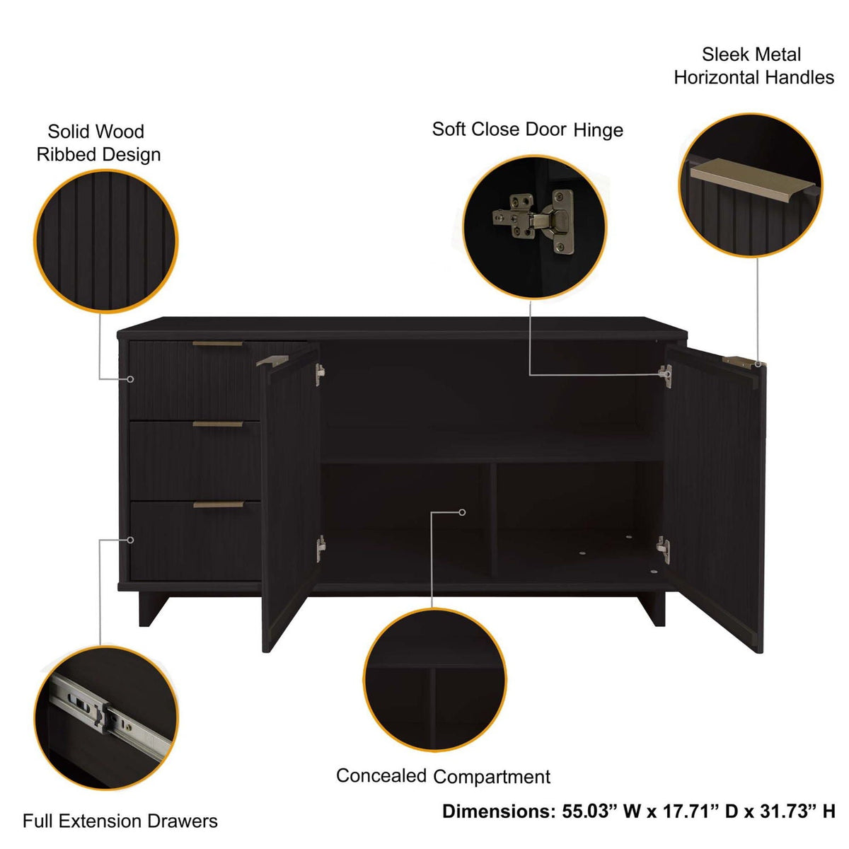 Granville Sideboard with full-extension drawers in black solid wood by HouseOfZazla on Tampa Home & Garden Store