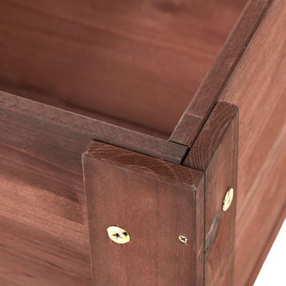 Raised garden bed with legs in dark brown wood, corner view with visible screws on Tampa Home & Garden Store