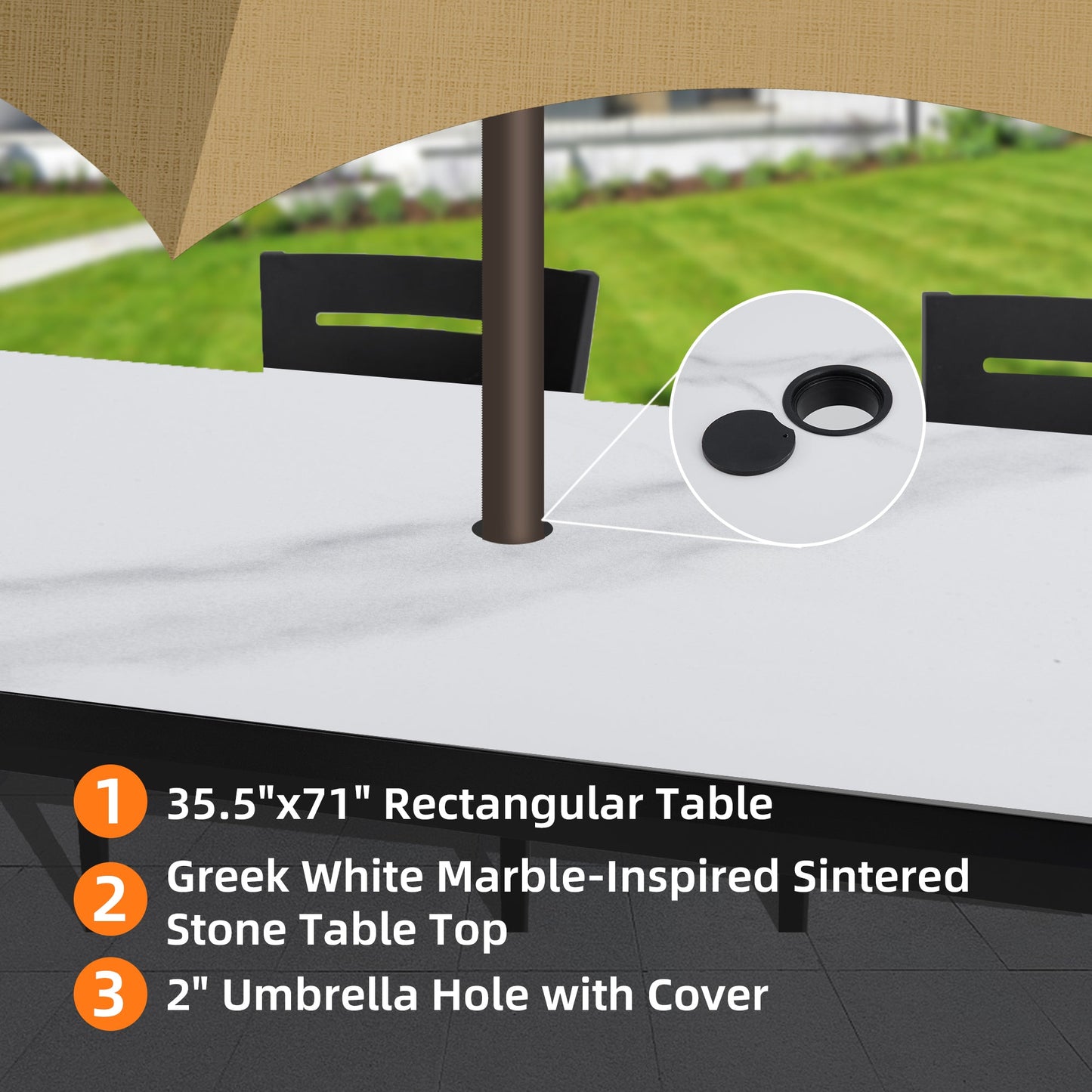Modern 7PC Outdoor Patio Aluminum Dining Set with tan umbrella and black chairs on Tampa Home & Garden Store