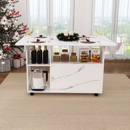 White marble-top kitchen island with storage shelves and wheels by Unique Piece Furniture on Tampa Home & Garden Store