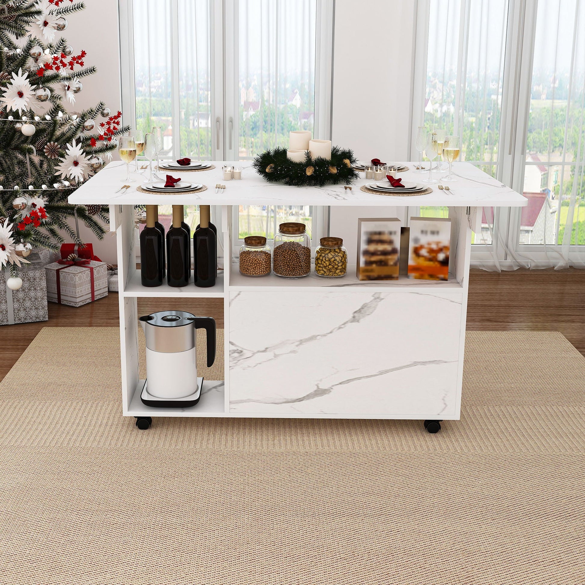 Multi Functional Folding Table with Storage Shelves and Wheels island white marble top with wheels on Tampa Home & Garden Store