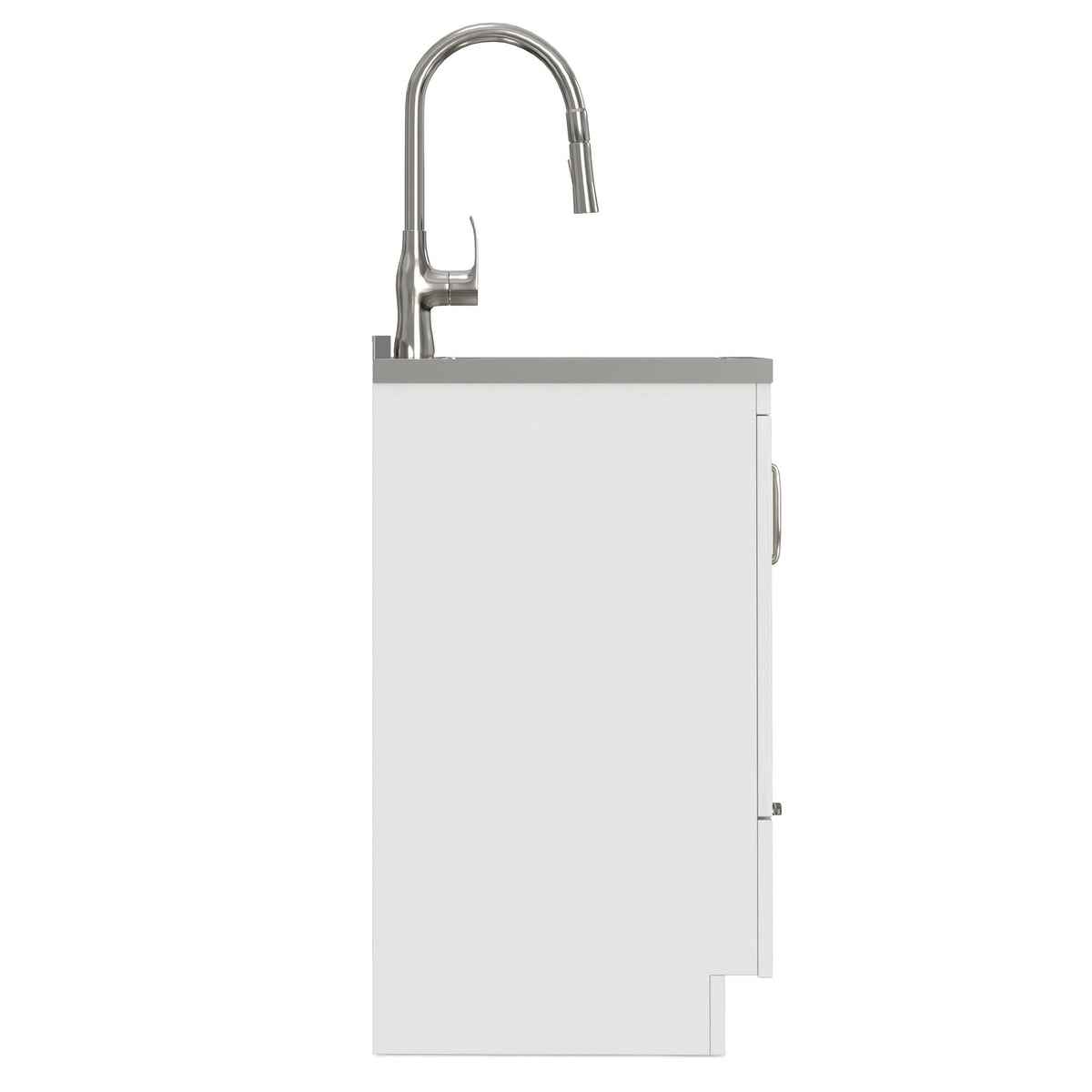 Deluxe laundry cabinet with sink and chrome gooseneck faucet over white cabinet on Tampa Home & Garden Store