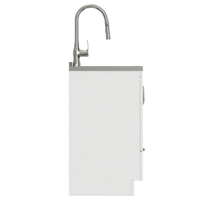 Deluxe laundry cabinet with sink and chrome gooseneck faucet over white cabinet on Tampa Home & Garden Store
