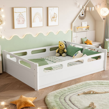 Full size floor platform bed with full-length guardrails, white finish for kids room on Tampa Home & Garden Store